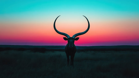 A striking silhouette of a long-horned bull stands proudly against a stunning sunset. The vibrant sky features shades of orange, pink, and blue, creating a dramatic backdrop. The tranquil atmosphere and rural setting encapsulate the beauty of nature.の素材