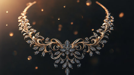 A stunning gold necklace featuring intricate designs and shimmering diamonds, elegantly displayed against a dark background for a luxurious appeal.の素材