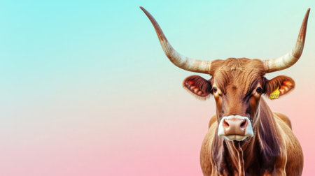 This image features a close-up of a majestic brown longhorn cow, showcasing its prominent horns and serene expression against a softly blended pastel background.の素材