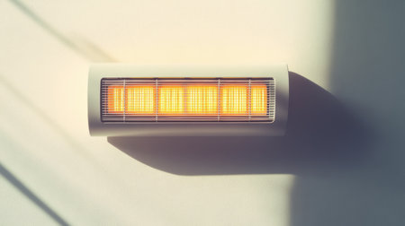This image features a modern electric wall heater with warm light, perfect for enhancing comfort in a minimalist home environment. The design emphasizes clean lines and efficiency while providing a cozy glow.の素材
