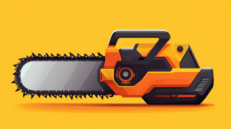 This digital illustration showcases a brightly colored chainsaw on a vibrant yellow background, perfect for creative projects, presentations, or promotional materials related to woodworking and power tools.の素材