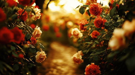 A stunning view of a rose garden pathway illuminated by soft sunlight, featuring a vibrant collection of blossoming flowers surrounded by lush greenery.の素材