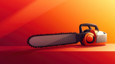 A striking modern chainsaw is set against a vibrant orange background, symbolizing power and efficiency in outdoor and forestry activities.の素材