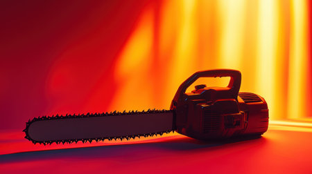 A striking electric chainsaw is featured prominently in silhouette against a vibrant orange and yellow backdrop, showcasing modern design and powerful performance.の素材