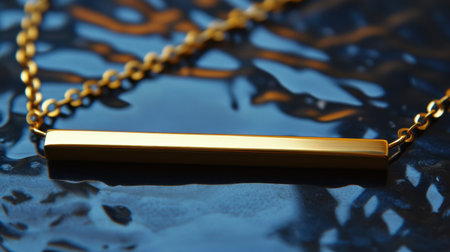 A stunning gold bar necklace rests on a reflective surface, highlighting its sleek design and elegant charm. Perfect for accessorizing any outfit.の素材