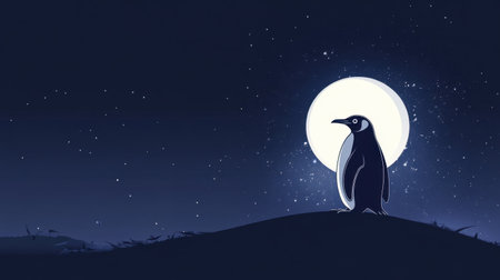 A stunning silhouette of a penguin stands proudly against a glowing full moon and a backdrop of twinkling stars, evoking a tranquil and serene night scene.の素材