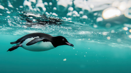 A captivating underwater scene featuring a penguin swimming gracefully beneath crystal-clear ocean water. Bubbles surround it, enhancing the tranquil beauty of its natural habitat.の素材