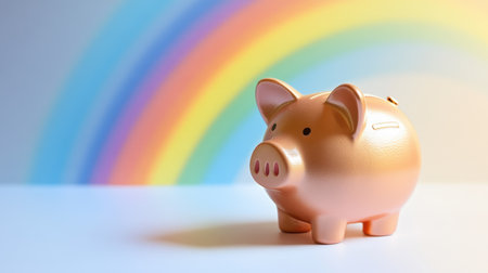 A charming piggy bank stands prominently against a vibrant rainbow backdrop, symbolizing the joys of savings and financial planning.の素材