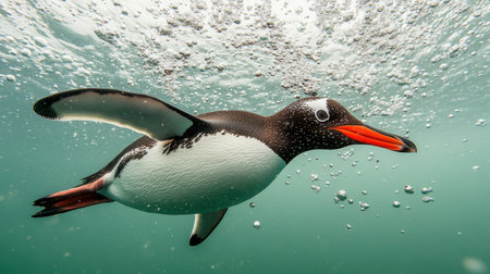 This stunning underwater photograph captures a penguin swimming gracefully in clear ocean waters. Bubbles surround the lively creature, showcasing its vibrant colors and unique charm.の素材
