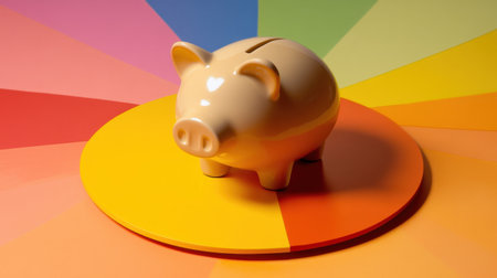 This image features a playful piggy bank sitting on a colorful circle, representing savings and investment concepts. The vibrant background stimulates financial awareness and creativity.の素材