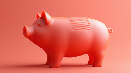 This vibrant coral piggy bank stands on a smooth pink surface, embodying childhood nostalgia and playful charm. Ideal for savings concepts and finance education.の素材