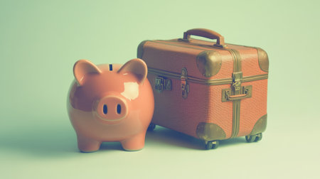 A charming pink piggy bank positioned beside a vintage suitcase, symbolizing the importance of financial planning and savings for memorable travel experiences.の素材