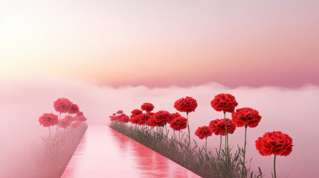 A captivating scene featuring a pathway adorned with vibrant red flowers leading into a dreamy, misty landscape at dawn, evoking tranquility and beauty.の素材