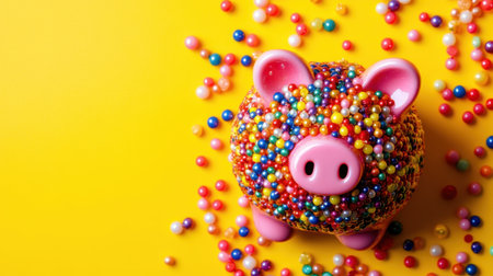 This whimsical image features a colorful piggy bank adorned with sprinkles, set against a vibrant yellow backdrop, ideal for concepts of savings and finance.の素材