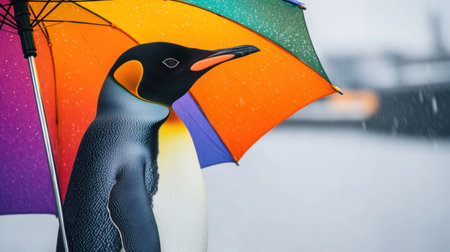 A charming penguin stands with a vibrant umbrella in the rain, showcasing its beauty and personality amidst a blurred snowy background.の素材