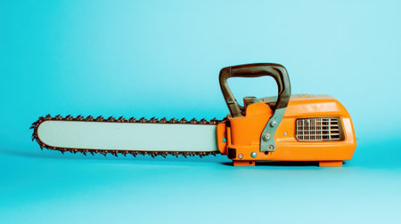 This vibrant orange chainsaw against a blue background is perfect for industrial-themed visuals. It highlights craftsmanship, power, and woodworking tools in action.の素材