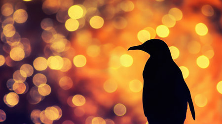 This image captures a striking silhouette of a bird against a vibrant bokeh background, creating a unique and artistic ambiance. The glowing lights evoke a serene atmosphere, perfect for nature themes.の素材