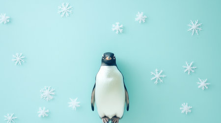 A charming penguin lays on a light blue background surrounded by delicate snowflakes, perfect for winter-themed designs and cheerful projects.の素材