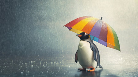 This delightful image captures a charming penguin sheltered under a vibrant umbrella during a rainstorm, showcasing its whimsical character and unique personality.の素材