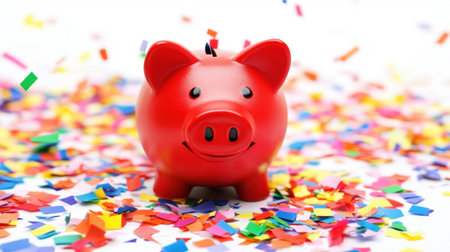 A vibrant red piggy bank smiles amid a shower of colorful confetti, creating a joyful scene ideal for themes of financial success, celebrations, and savings motivation.の素材