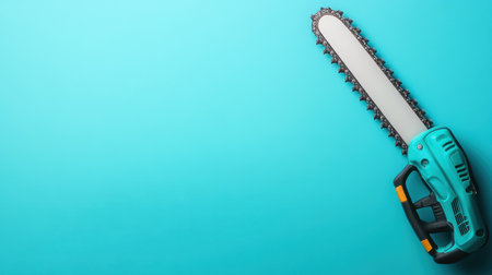 A sleek electric chainsaw displayed on a bright turquoise background. Perfect for gardening and home improvement, this power tool symbolizes efficiency and modern technology.の素材