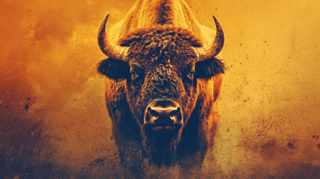 A stunning portrait of a bison, exuding power and intensity against a rich orange backdrop. This captivating wildlife scene highlights the animal's majestic features and serene strength, making it ideal for nature-themed projects.の素材