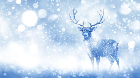 A stunning white-tailed deer stands gracefully in a serene snowy landscape, surrounded by gently falling snowflakes, embodying winter's beauty and tranquility.の素材