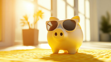 A cheerful piggy bank wearing stylish sunglasses sits in a bright and airy interior, bathed in sunlight. The scene exudes a relaxing and playful vibe, perfect for highlighting savings, finance, and lifestyle themes.の素材