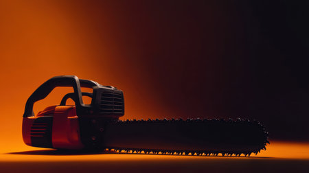 This image features a powerful chainsaw prominently displayed against a warm gradient background, showcasing its design and sharp blade. Ideal for themes of construction and home improvement.の素材