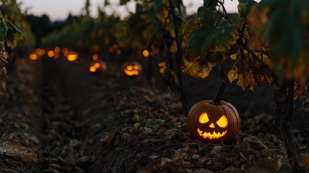 A creative Halloween scene featuring glowing pumpkin lanterns nestled among vineyard rows. The vibrant colors of autumn leaves enhance the festive atmosphere at dusk.の素材