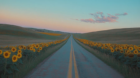 A beautiful winding road lined with vibrant sunflowers stretches into the distance, creating a picturesque scene at dusk with a soft colorful sky.の素材