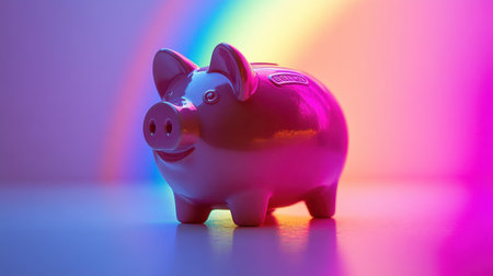 This vibrant image features a cheerful piggy bank, exuding a sense of joy and optimism, illuminated by colorful rainbow light reflections. Perfect for finance themes.の素材