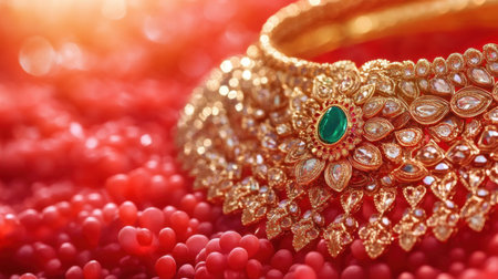 This stunning gold necklace features intricate designs adorned with emeralds and diamonds, resting on a rich red background, ideal for showcasing luxury.の素材