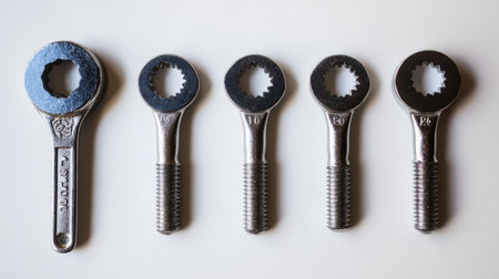 This image showcases an array of metal wrenches in various sizes arranged neatly on a light background, ideal for industrial and mechanical designs.の素材