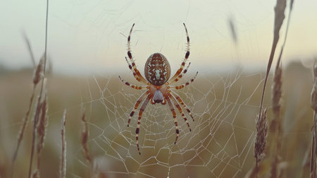 A stunning close-up image capturing a spider delicately woven into its web, surrounded by golden grasses under a softly lit sunset sky.の素材