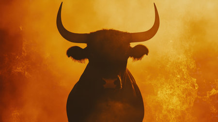 A majestic bull stands silhouetted against a fiery background, creating a dramatic atmosphere. The warm glow and smoke add intensity to the rural landscape, embodying the power of nature.の素材
