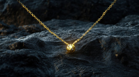 A stunning gold necklace with a round pendant delicately placed on a dark, textured surface. The dramatic lighting enhances the luxurious feel of the jewelry piece, making it a perfect representation of elegance and sophistication.の素材