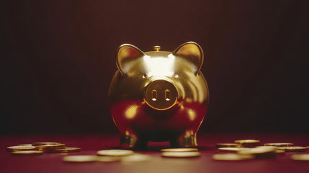 A gleaming golden piggy bank stands prominently amidst scattered coins, symbolizing savings and financial aspirations against a dark, soft-lit backdrop.の素材