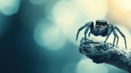 A stunning close-up shot of a colorful spider perched on a branch, accentuated by a soft bokeh background. This image captures the intricate details of the spider's body and legs against a serene nature setting, perfect for wildlife enthusiasts and nature photography lovers.の素材