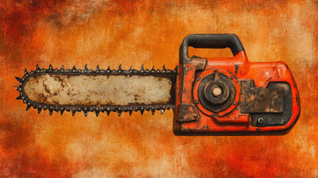 A vintage chainsaw with worn details sits on a textured orange backdrop, emphasizing its rustic charm and mechanical prowess in woodwork and construction.の素材