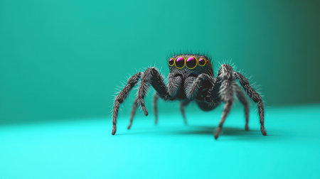 A vibrant close-up image of a spider with striking colorful eyes against a bright teal background. This detailed portrayal highlights the spider's intricate textures and unique features, capturing the beauty of nature. Perfect for educational, artistic, or wildlife-related projects.の素材