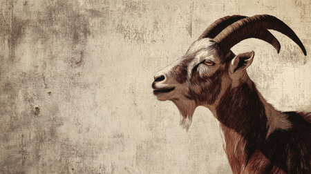 This illustration presents a detailed view of a goat, capturing its unique features and calm expression against a textured background. Ideal for animal and nature themes.の素材