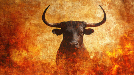 A striking portrait of a bull set against a backdrop of vivid flames, representing strength and ferocity. The artwork captures raw power and intensity, showcasing the vibrant colors and dramatic textures that evoke a sense of danger and energy.の素材