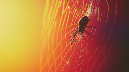 This stunning image captures a close-up view of a spider gracefully weaving its web, beautifully contrasted against a colorful sunset backdrop, showcasing nature's artistry.の素材