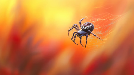 A striking image of a spider delicately perched on a web, set against a vibrant backdrop of orange and yellow hues. The soft focus creates an ethereal quality.の素材