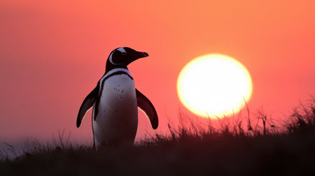 A stunning silhouette of a penguin stands tall against a breathtaking sunset, casting a warm glow across the grassy landscape, evoking a sense of tranquility.の素材