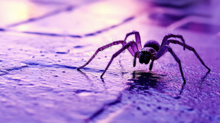 A striking close-up image of a spider on a wet surface, showcasing vibrant purple and blue hues. The intricate details of the spider highlight its unique features, set against a dark, reflective background that enhances the atmosphere. Perfect for nature enthusiasts and photographers alike.の素材