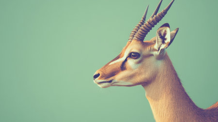 This image captures the serene profile of an antelope, showcasing its striking horns and expressive eyes set against a soft mint green background.の素材