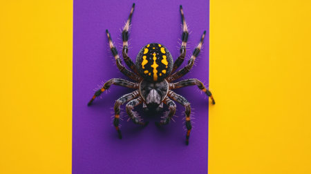 This vivid macro shot features a colorful spider set against a striking purple and yellow backdrop, showcasing its intricate patterns and details. Perfect for nature lovers and photographers alike.の素材