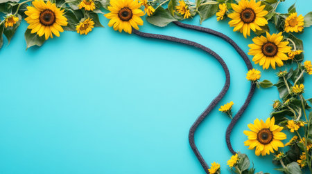 A stunning arrangement of sunflowers and vibrant green foliage on a bright teal background, perfect for summer themes in design and decoration projects.の素材
